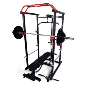 Vortex Red and Black Cage + Olympic barbell + Olympic weight plate Set + Adjustable Bench