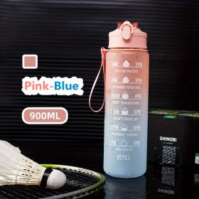 32oz/900mL Motivational Water Bottle With Straw & Time Marker; Daily Water Intake Bottle With Carrying Strap For Fitness Gym (Color: Pink-Blue)