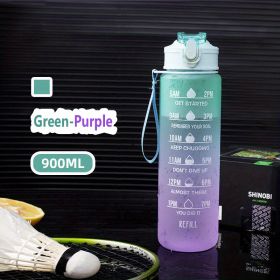 32oz/900mL Motivational Water Bottle With Straw & Time Marker; Daily Water Intake Bottle With Carrying Strap For Fitness Gym (Color: Green-Purple)