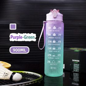 32oz/900mL Motivational Water Bottle With Straw & Time Marker; Daily Water Intake Bottle With Carrying Strap For Fitness Gym (Color: Purple-Green)