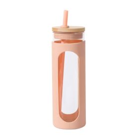 Glass Water Bottle Straw Silicone Bamboo Lid (Color: Flesh colored)