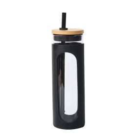 Glass Water Bottle Straw Silicone Bamboo Lid (Color: Black)