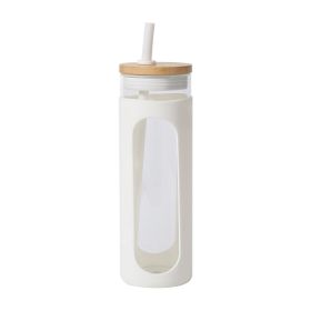 Glass Water Bottle Straw Silicone Bamboo Lid (Color: White)