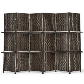 6 Panel Folding Weave Fiber Room Divider with 2 Display Shelves (Color: Brown)