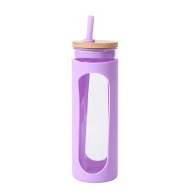 Glass Water Bottle Straw Silicone Bamboo Lid (Color: Purple)